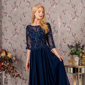 NEW FORMAL CHIFFON A-LINE DRESS WITH 3/4 SLEEVES EMBROIDERED WITH LACE GL3446